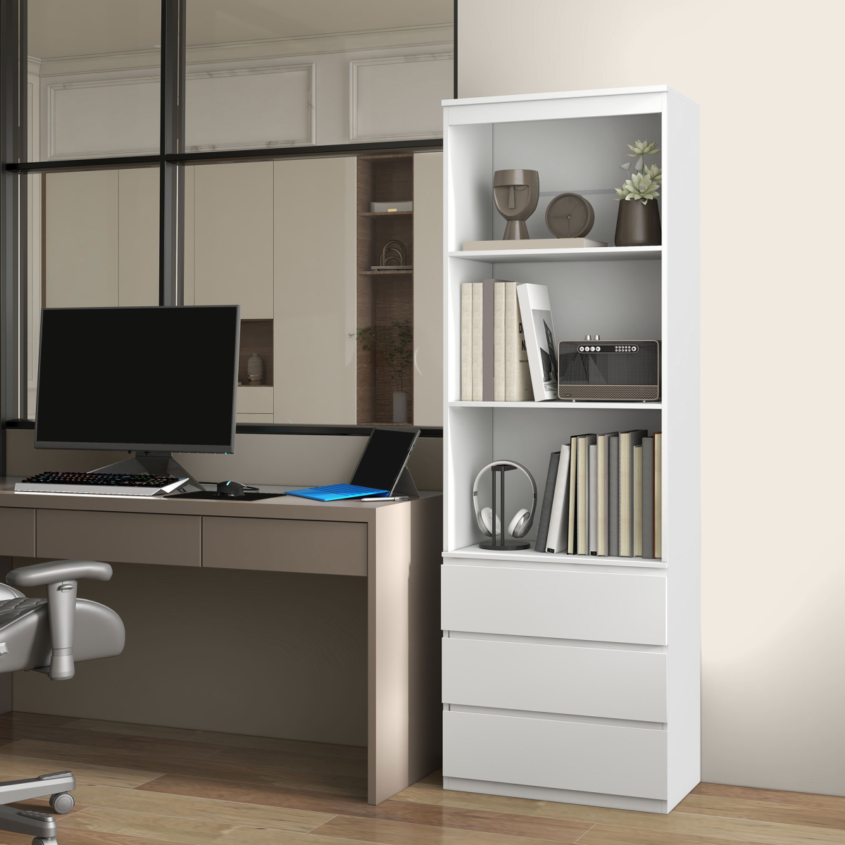HOMCOM 180cm White Freestanding Bookshelf with 3 Shelves and 3 Drawers