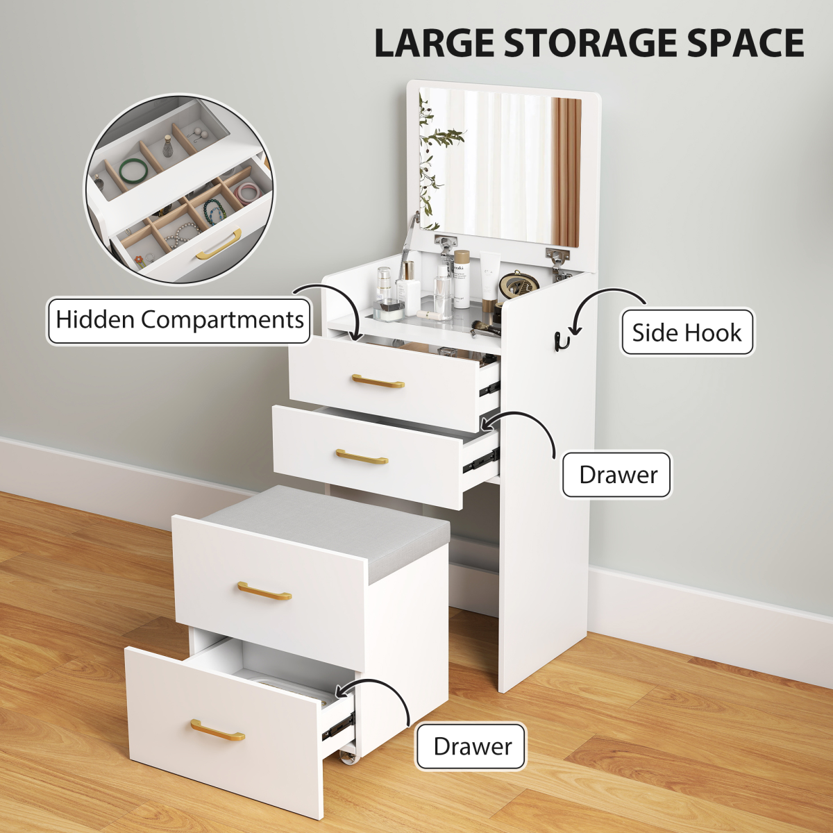 HOMCOM 3-in-1 Dressing Table Vanity Desk with Mirror & Cushioned Stool