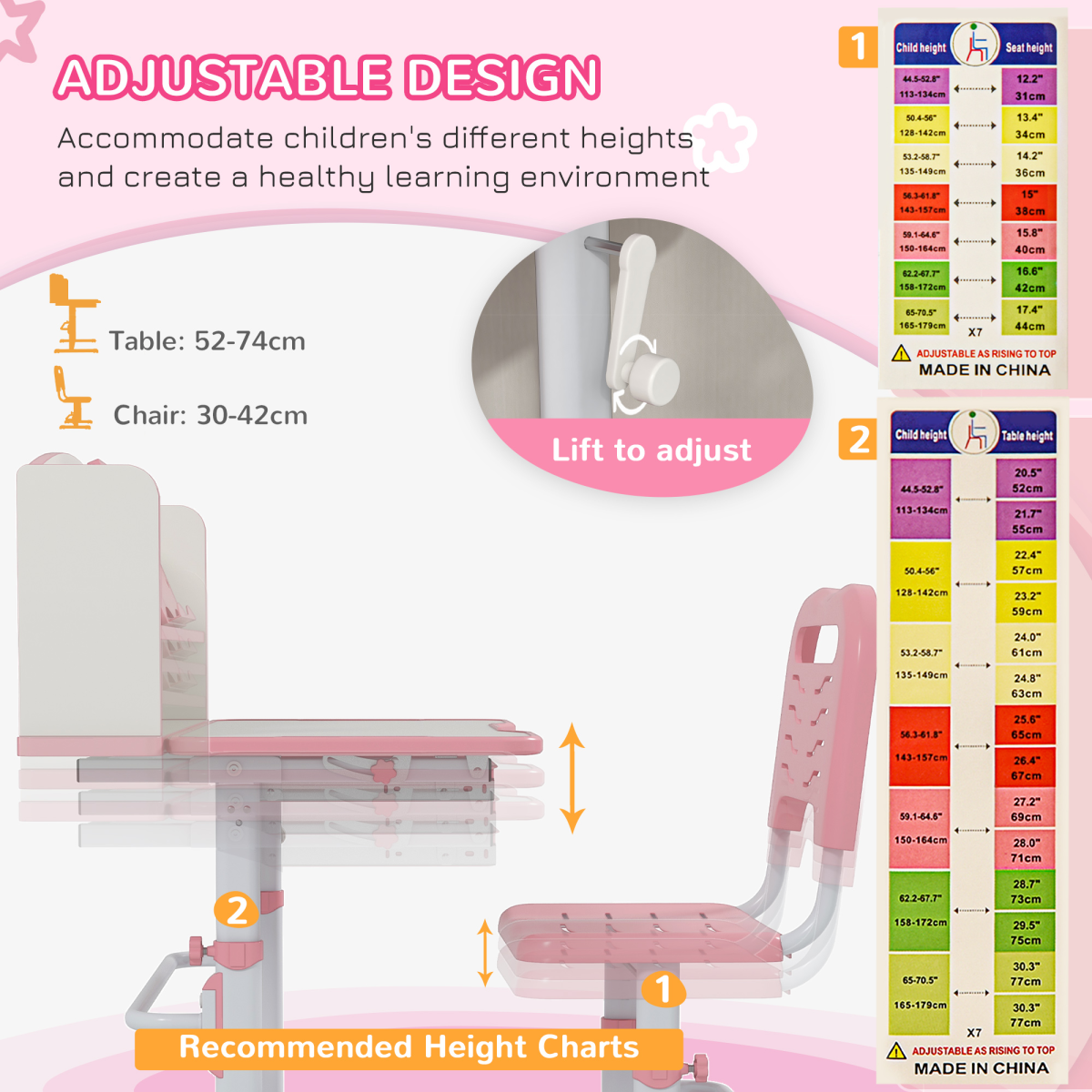 ZONEKIZ Adjustable Kids Desk and Chair Set with Drawer, Bookshelf, Pink