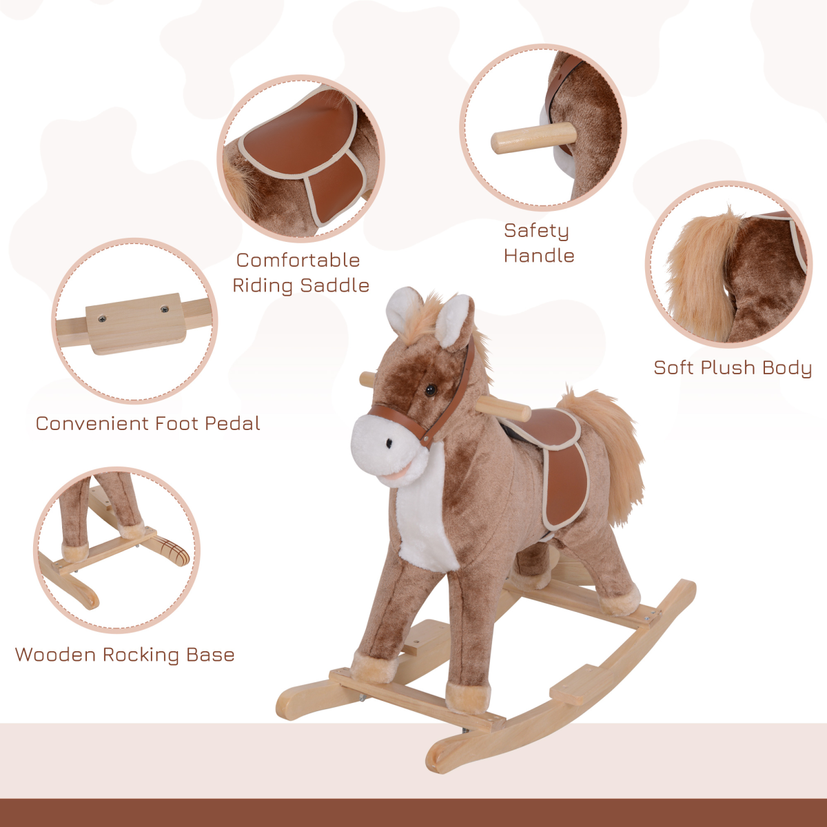 HOMCOM Kids Wooden Plush Rocking Horse Ride-On Toy, Age 3+