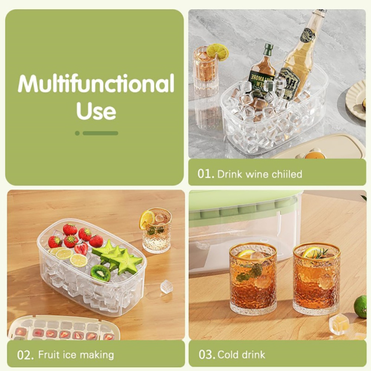 Practical Refrigerator Ice Cubes Tray System Nonslip Base Cocktails Making Tool green