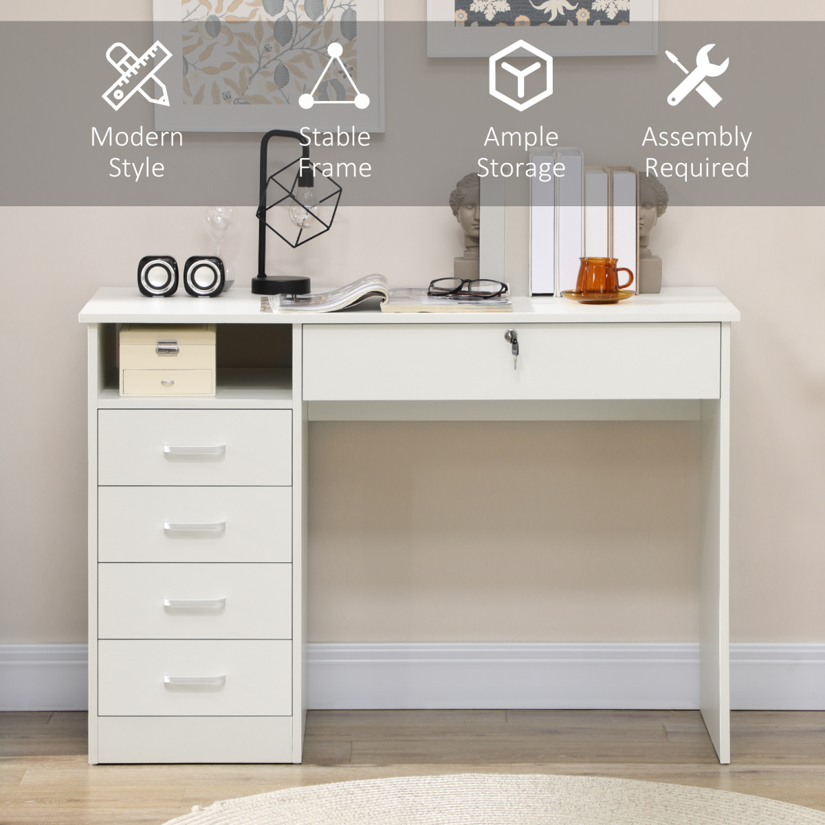White Computer Desk with 5 Drawers and Locking Drawer