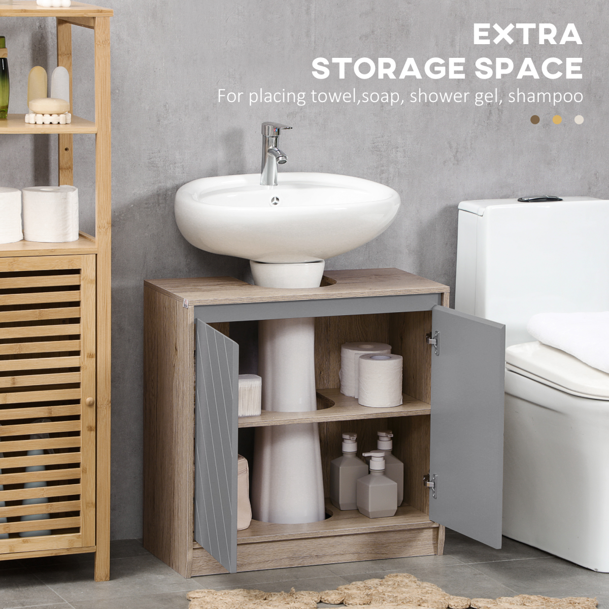 60cm Under-Sink Bathroom Storage Cabinet with Adjustable Shelf, 2 Doors, Brown