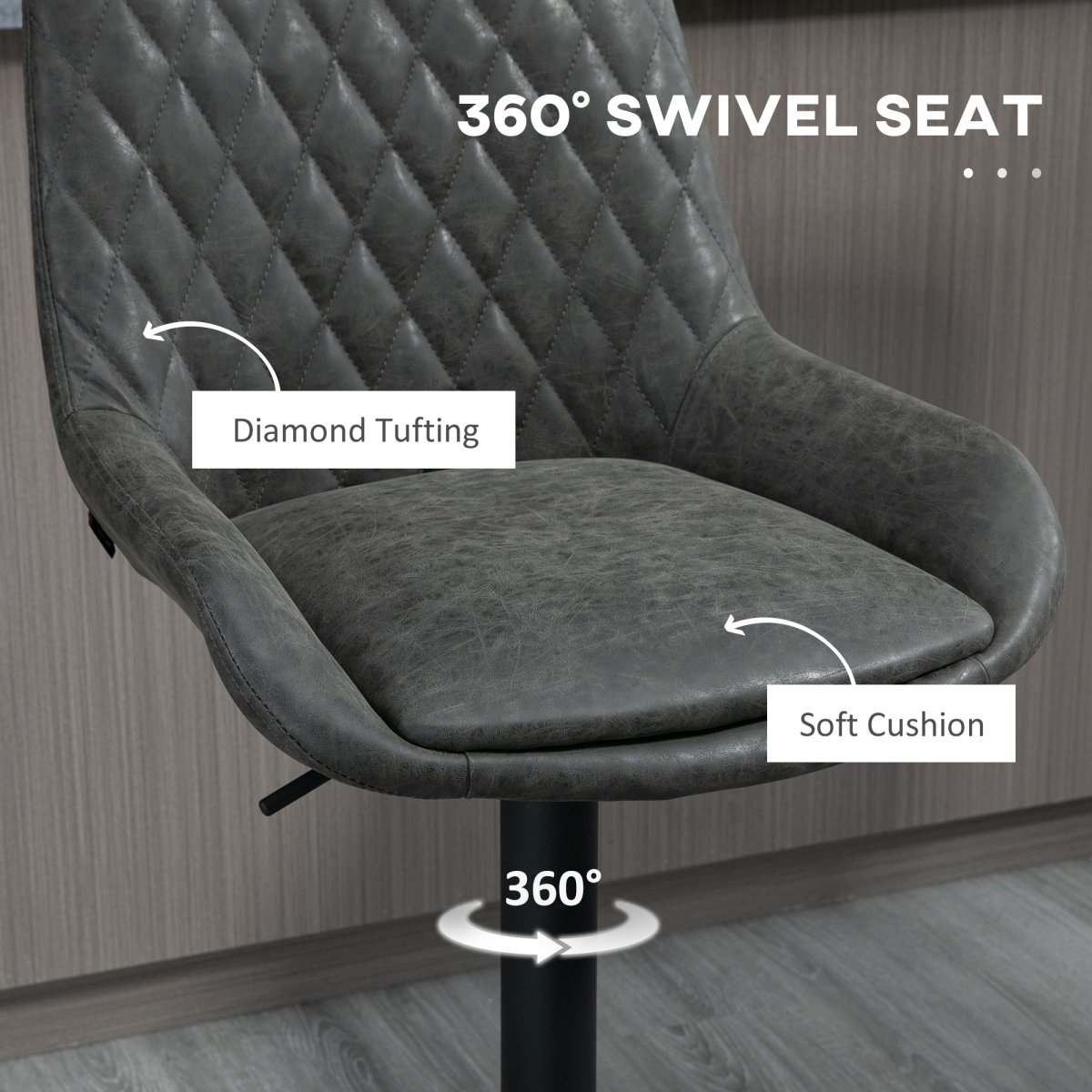 HOMCOM Set of 2 Adjustable 360° Swivel Bar Stools, Grey