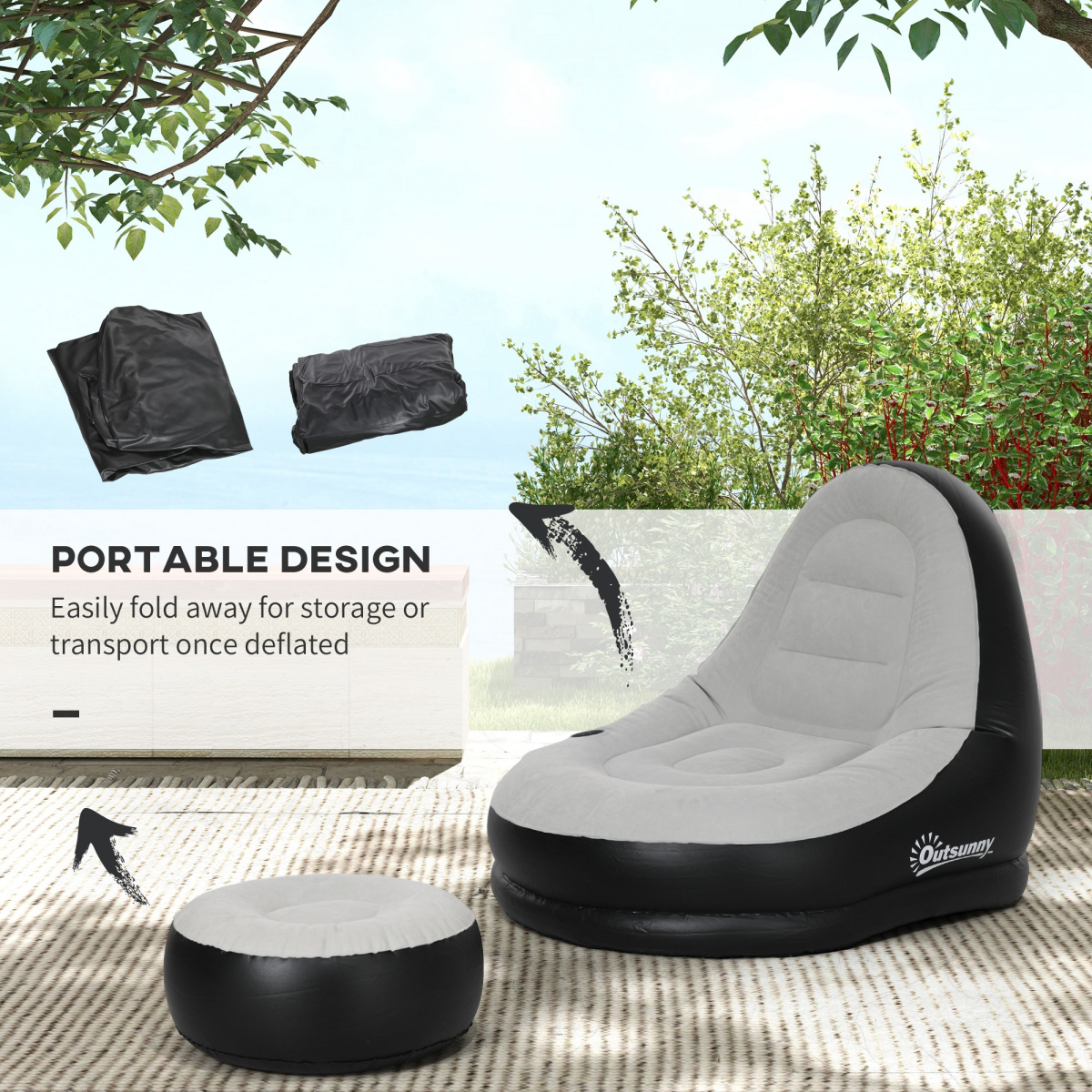 Outsunny Inflatable Sofa Chair and Foot Stool with Cup Holder, Grey
