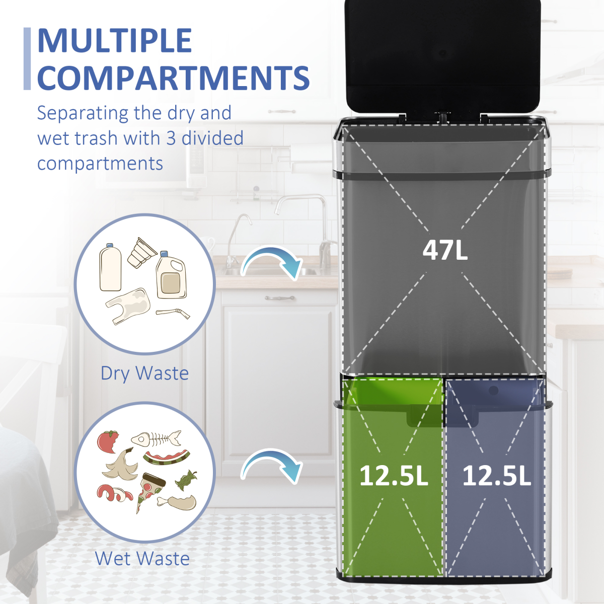Motion Sensor Rubbish Bin 72L, 3 Compartments, Removable Lid, Stainless Steel Look Finish, HOMCOM