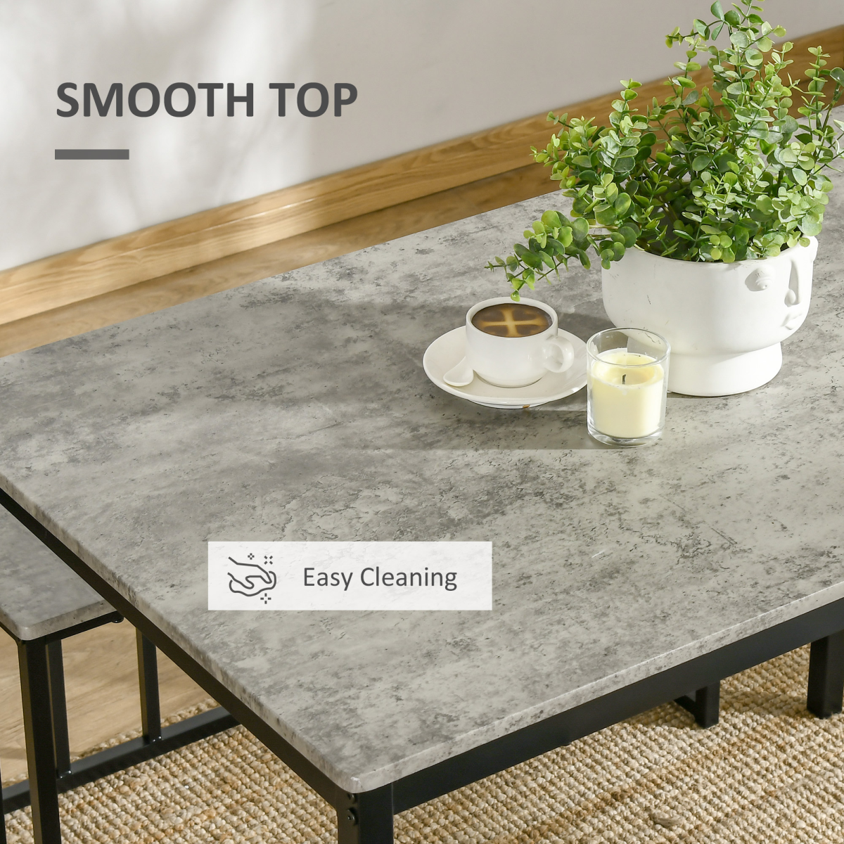 HOMCOM 4-Piece Dining Table Set for 4 People with 2 Stools and Bench, Concrete Effect Grey