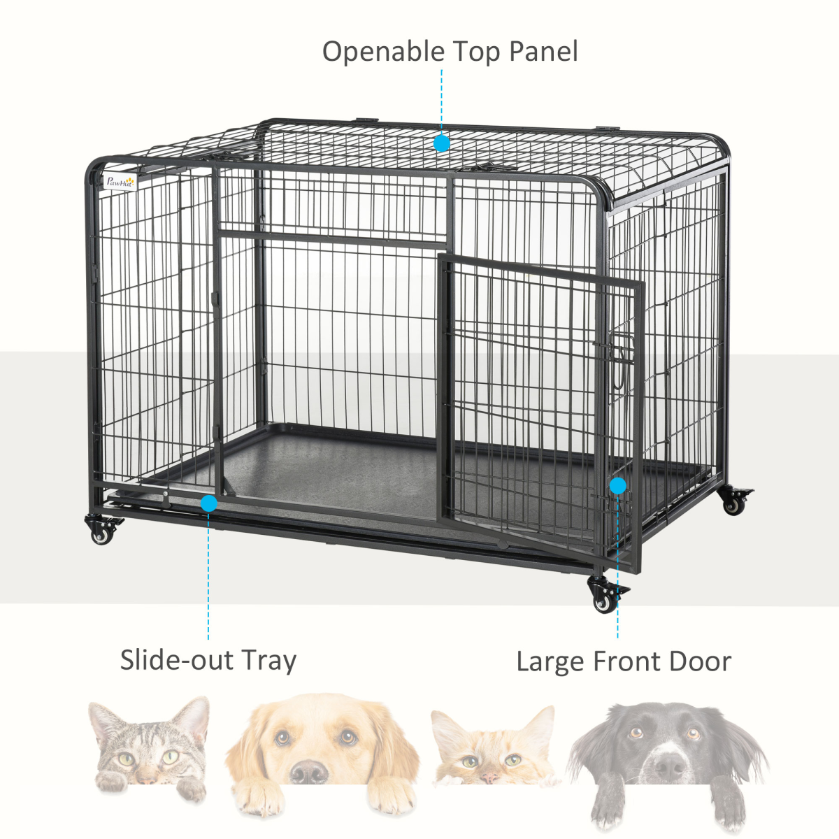 PawHut Metal Dog Crate with Locking Door, Wheels, Foldable Design & Removable Tray, Extra Large Dog Cage 125 x 76 x 81 cm