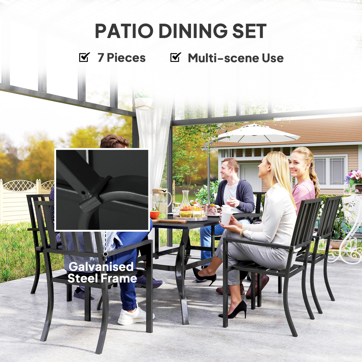 Outsunny 7-Piece Galvanised Steel Patio Dining Set with 42mm Umbrella Hole, Black