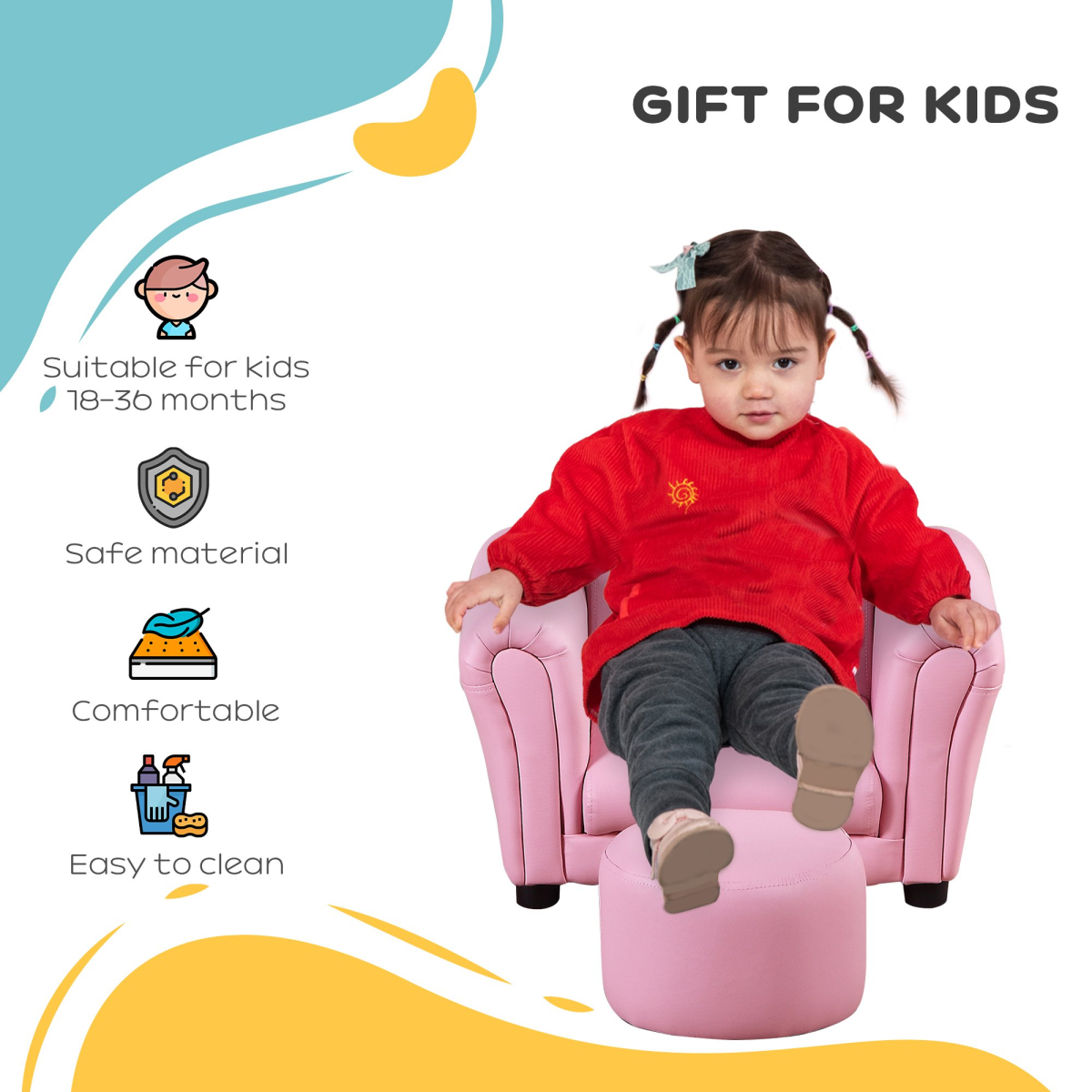 HOMCOM Kids Pink Sofa and Footstool Set, 18+ Months