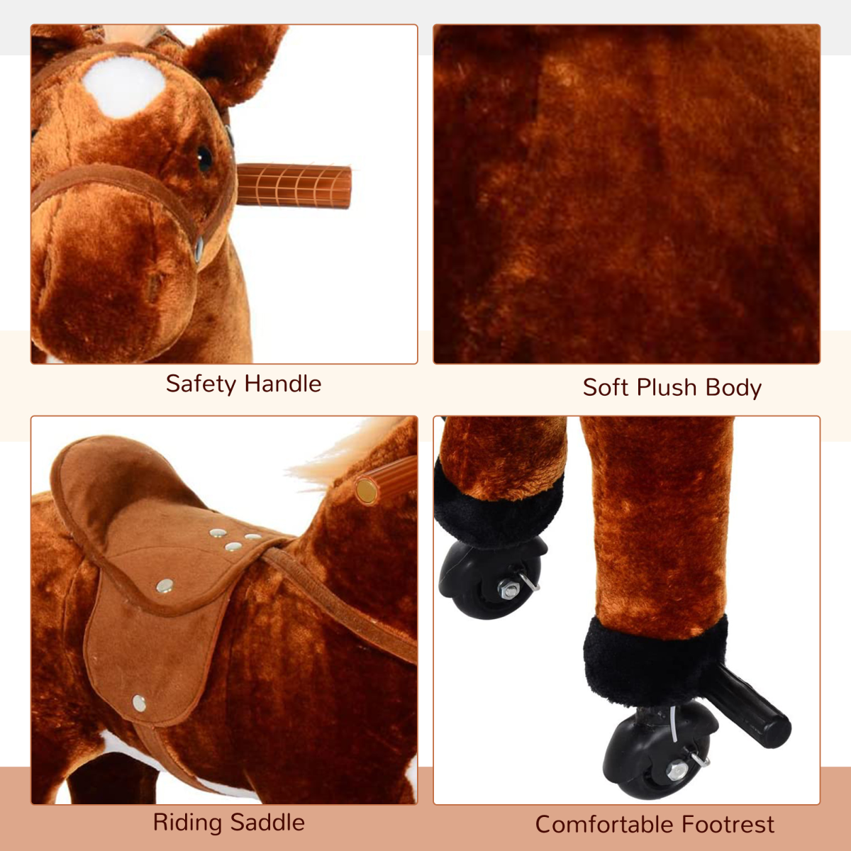 HOMCOM Plush Ride On Walking Horse Toy with Wheels and Sound