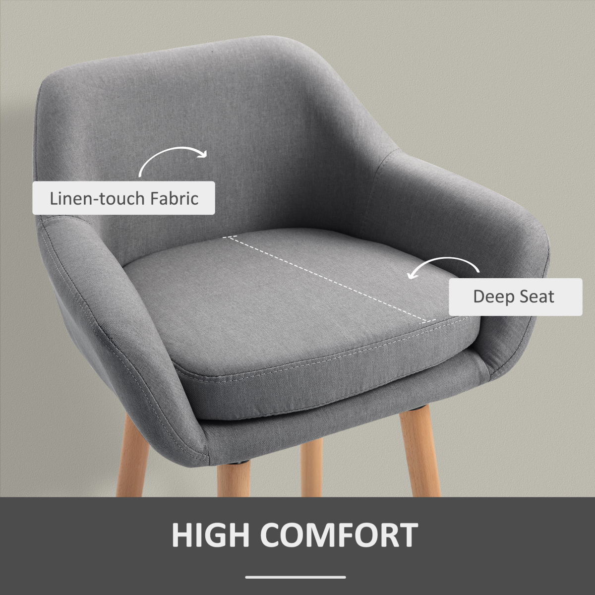 2-Piece Upholstered Linen Bar Stools with Solid Wood Legs, Grey