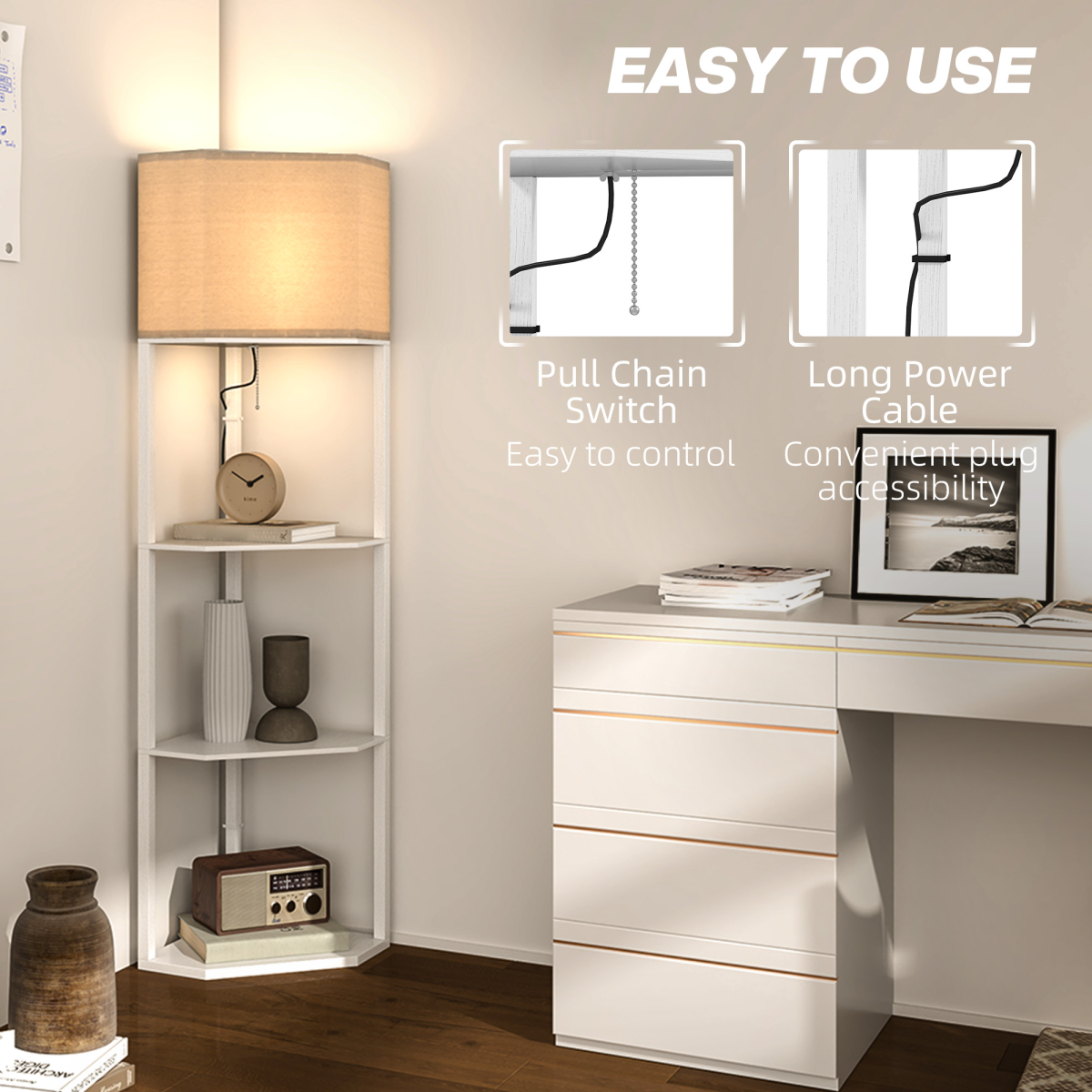 HOMCOM Corner Floor Lamp with Shelves, White