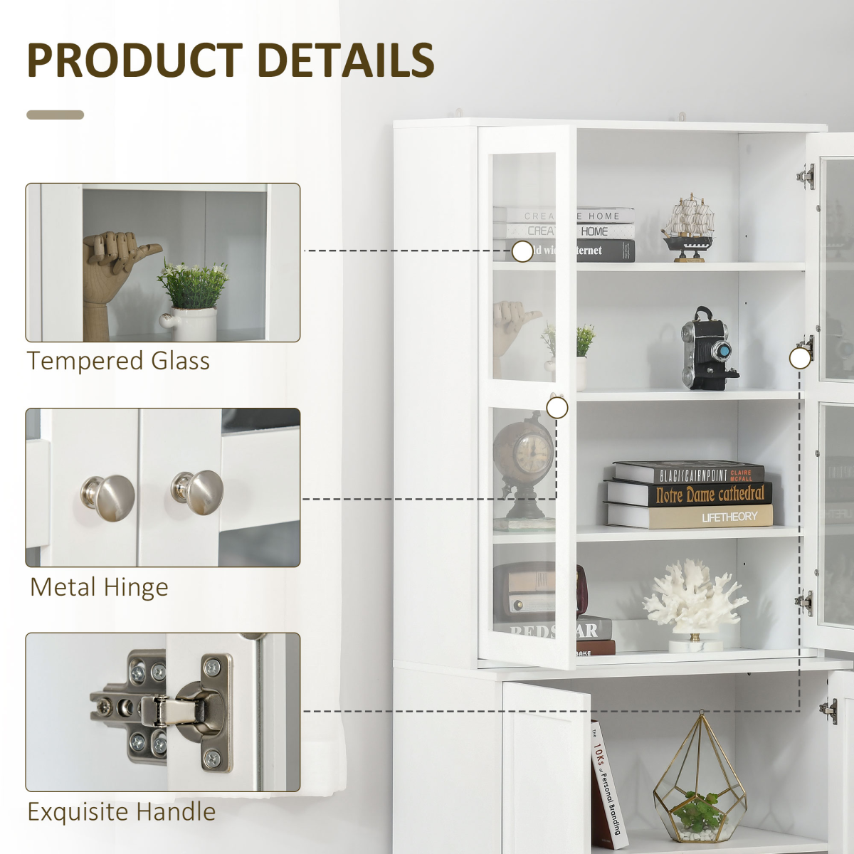 HOMCOM Modern Bookcase Storage Cabinet with Glass Doors, Adjustable Shelves