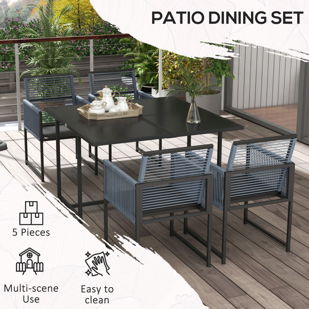Outsunny 5 Piece Patio Dining Set with 4 Chairs and Tempered Glass Table, Dark Grey