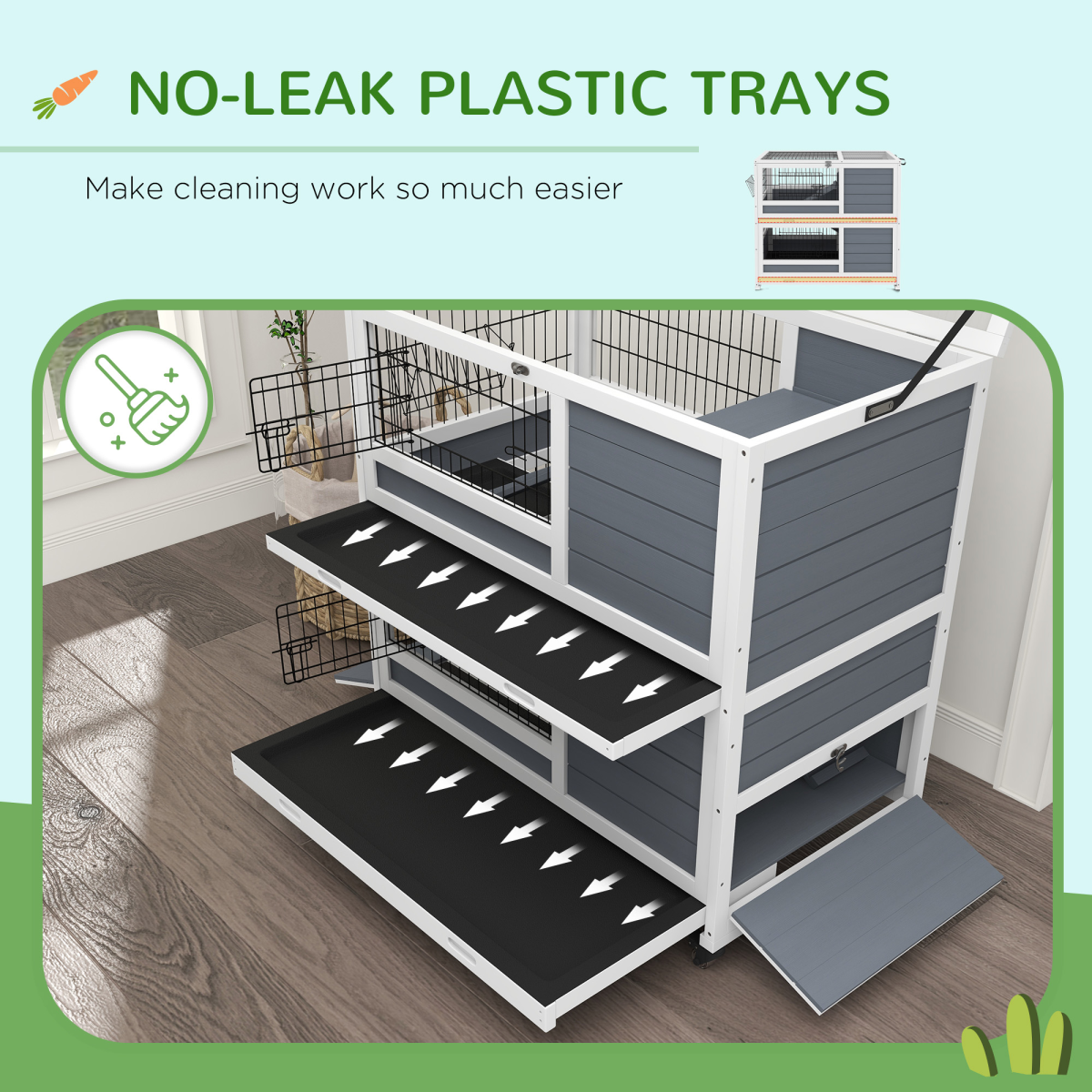 PawHut Double Decker Indoor Rabbit Hutch with Feeding Trough and Slide-Out Trays