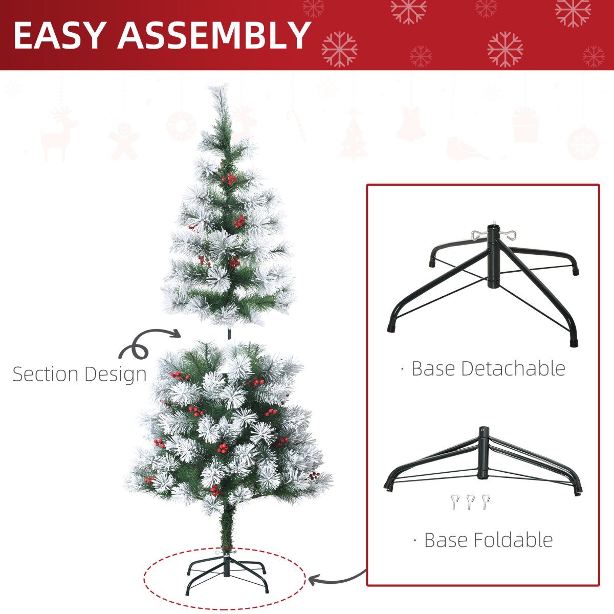 HOMCOM 5ft Indoor Artificial Christmas Tree, Emerald Green Spruce, Berry Decoration, 184 PET Tips, Metal Stand