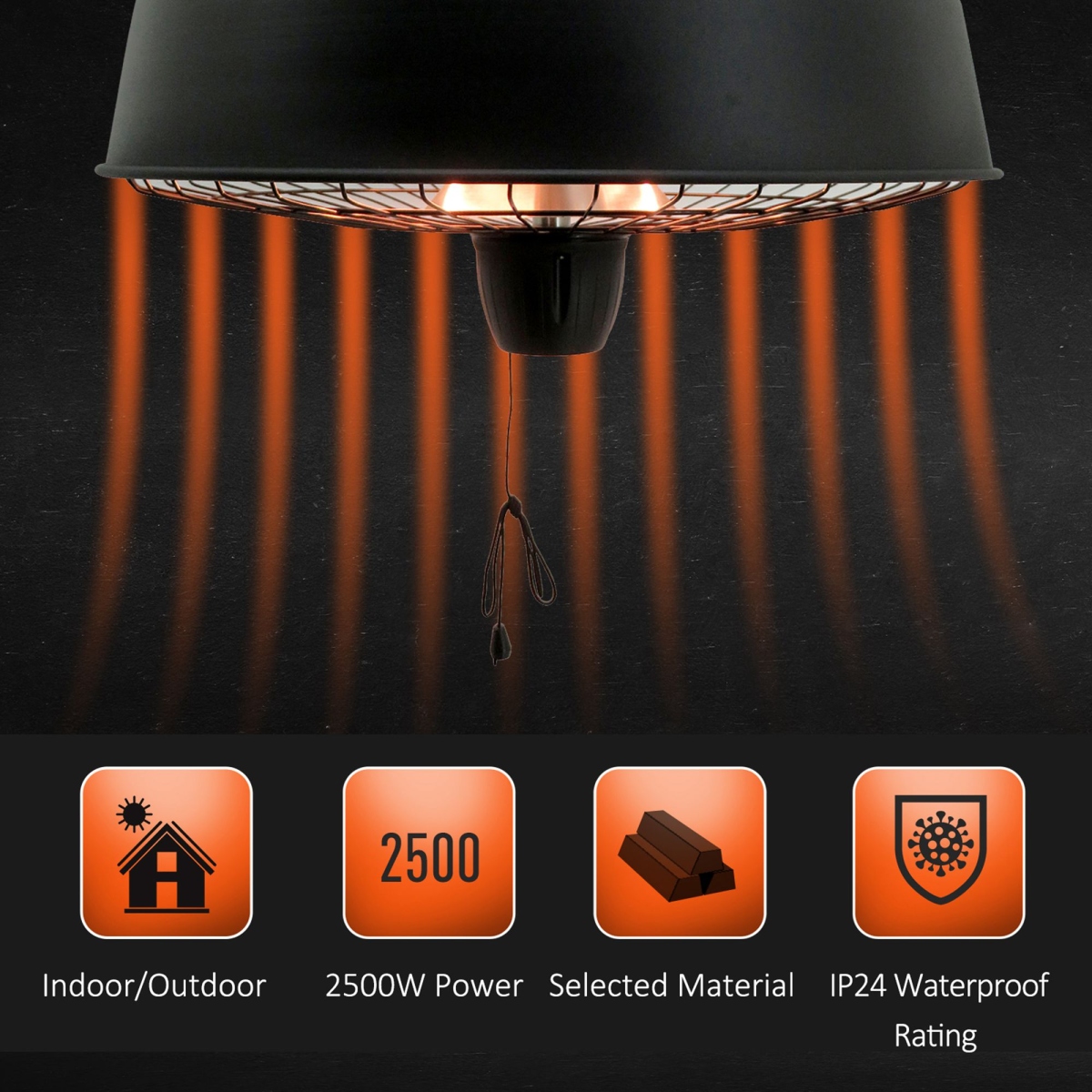 HOMCOM Adjustable Infrared Halogen Ceiling Hanging Heater 1000/2500W Black Aluminium IP24