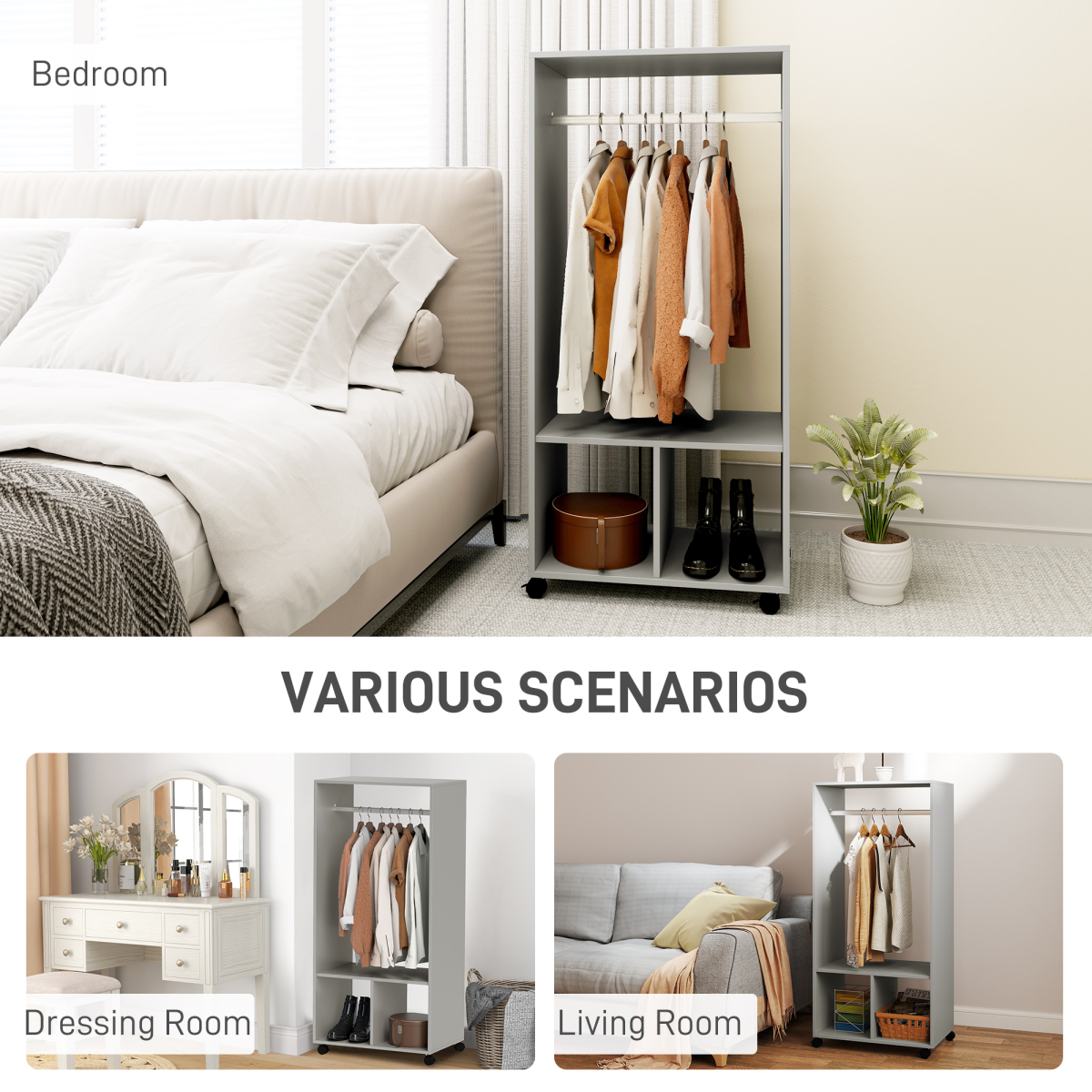 HOMCOM Grey Open Wardrobe Clothes Rail with Shelves & Wheels