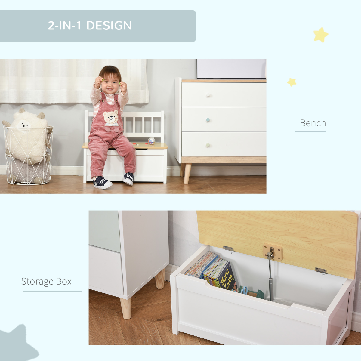 HOMCOM Kids 2-in-1 Wooden Toy Box Bench Storage Chest, White