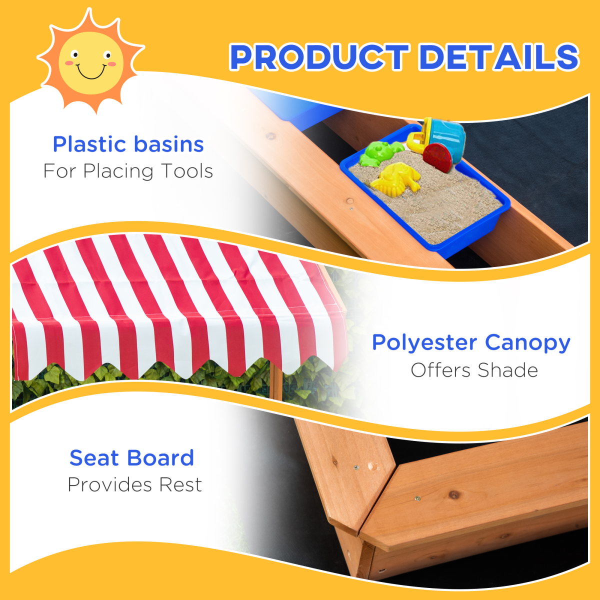 Kids Wooden Sandbox Sand Pit with Adjustable Canopy, Wooden Structure, Non-Woven Liner, Outsunny