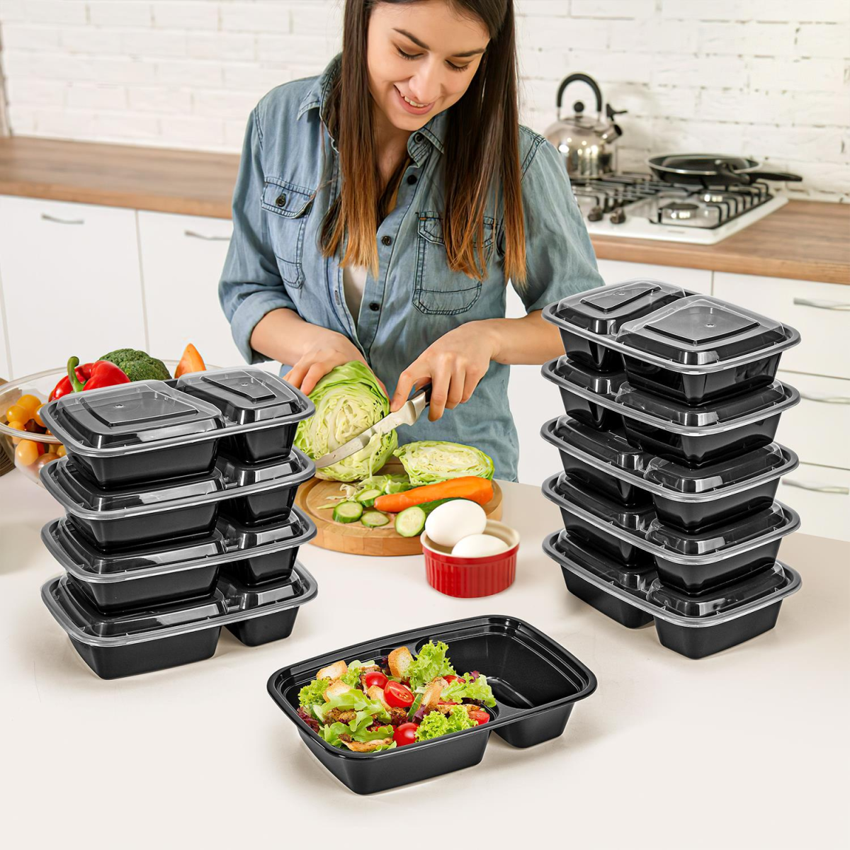 VINSANI 20 Pack 2 Compartment Meal Prep Containers, 30 oz, BPA-Free, Microwave, Freezer & Dishwasher Safe, Leak-Resistant Lids