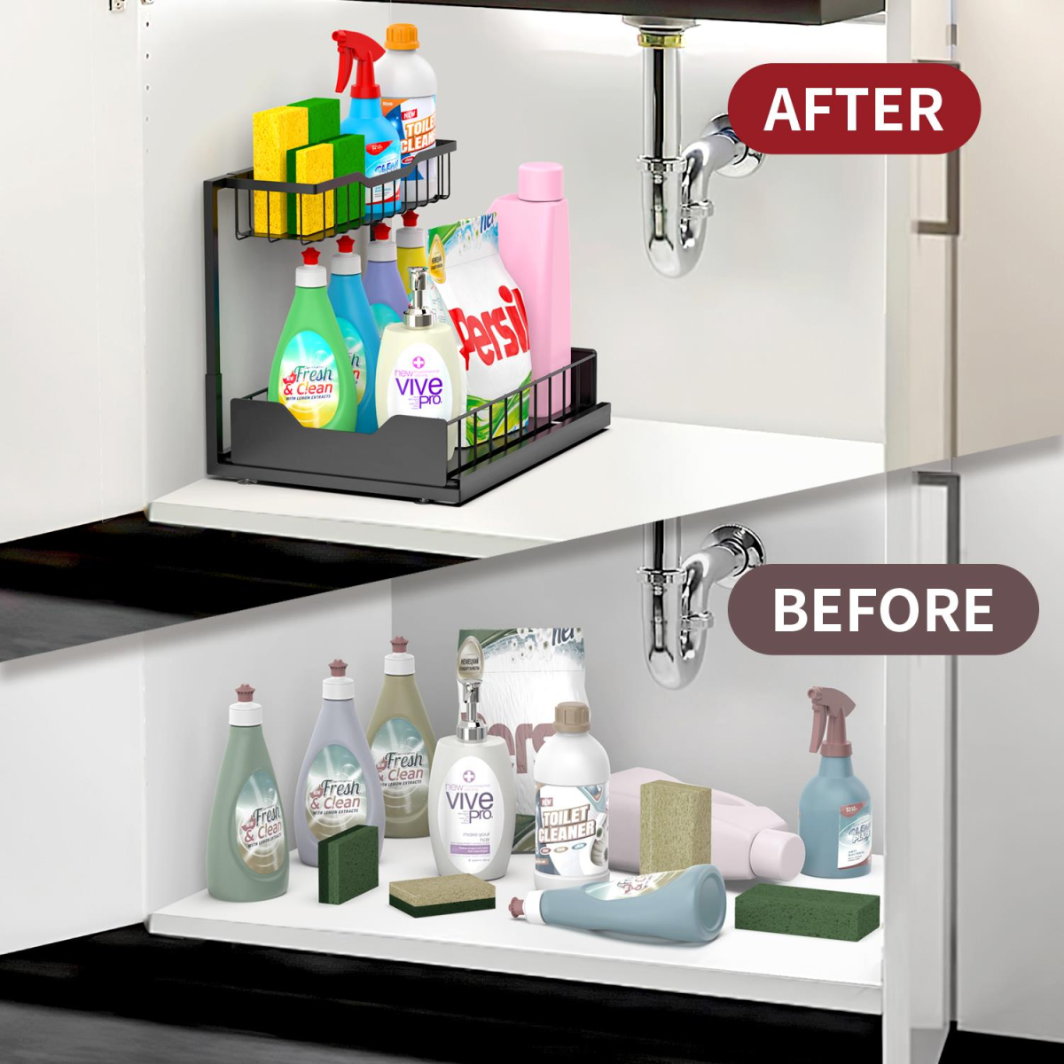 Vinsani Metal Under Sink Storage with Suction Cups for Cabinets, Kitchen and Bathroom Organiser