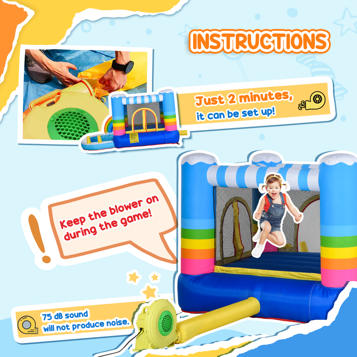 Kids Bouncy Castle Trampoline with Pool, Net & Blower, 3-8 Years