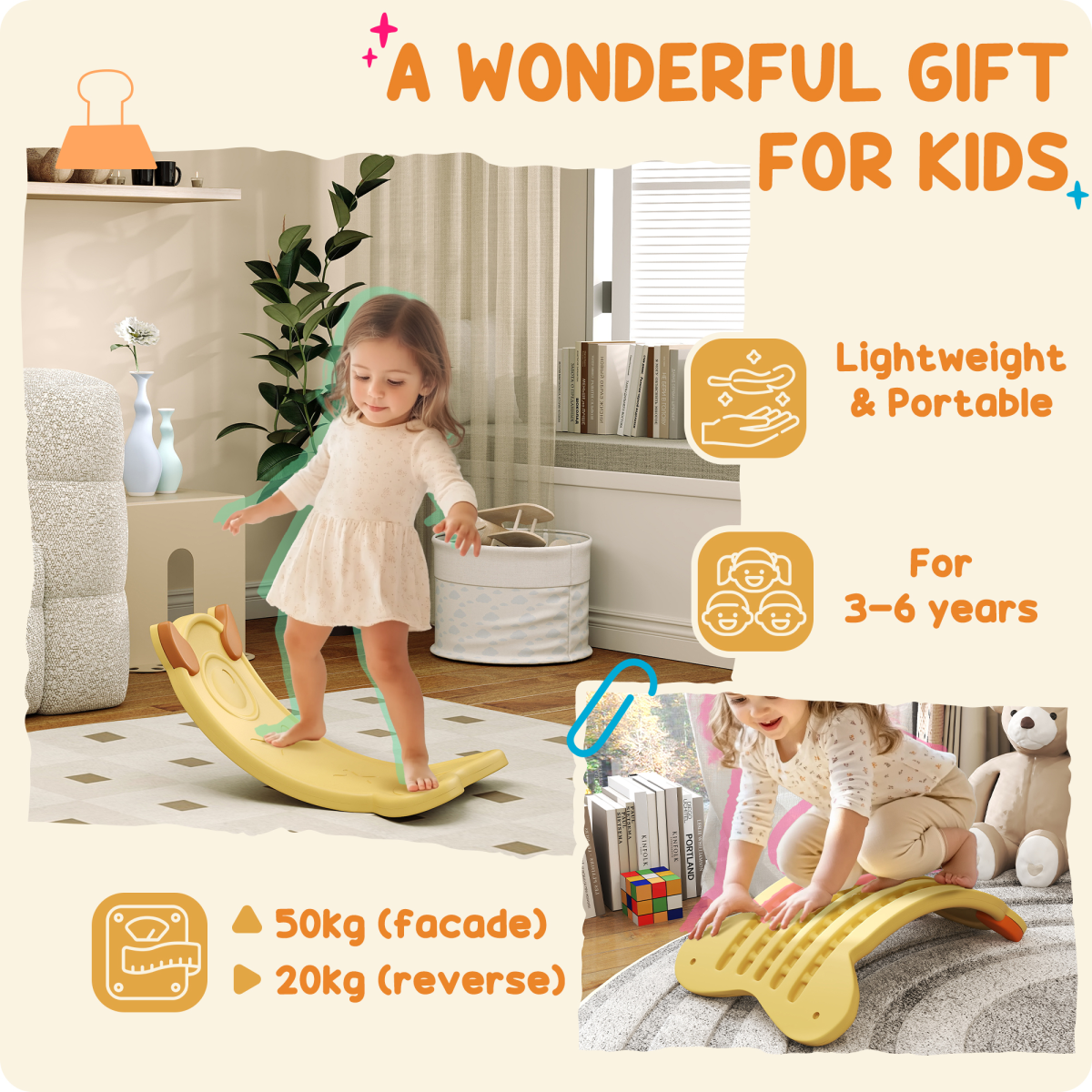 AIYAPLAY Kids Balance Board for Training & Sensory Play, Yellow