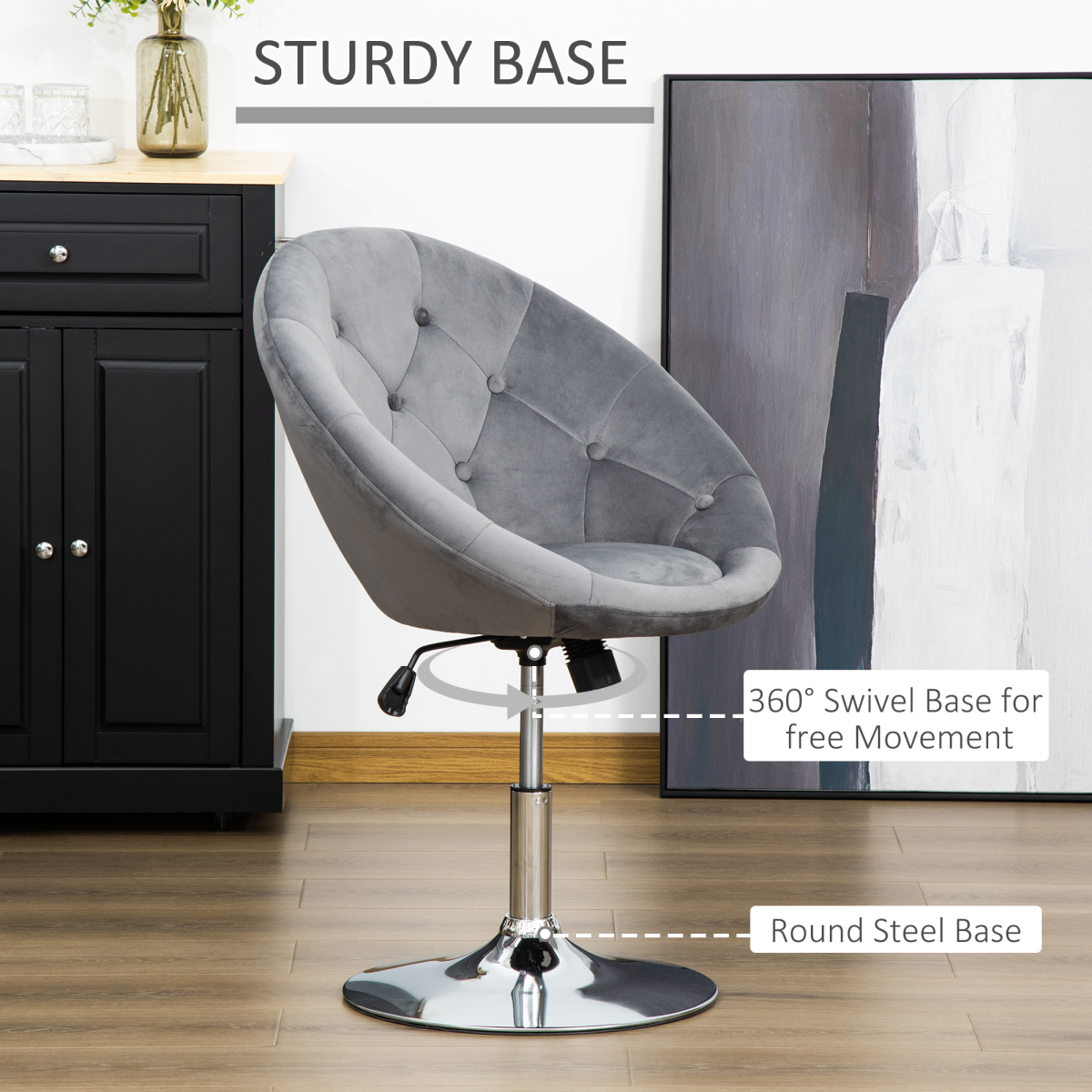 Adjustable Swivel Dining Height Bar Stool with Tufted Back, Grey