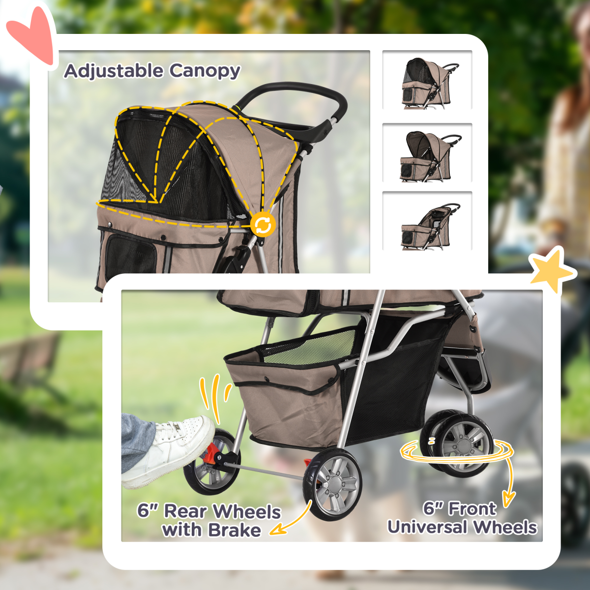 Pawhut 3-Wheel Pet Stroller for Cats and Small Dogs, Brown