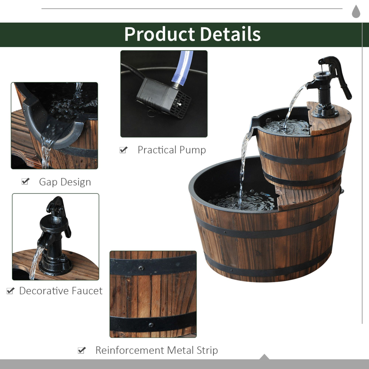 Outsunny 2-Tier Wooden Water Pump Fountain, Fir Wood & Steel