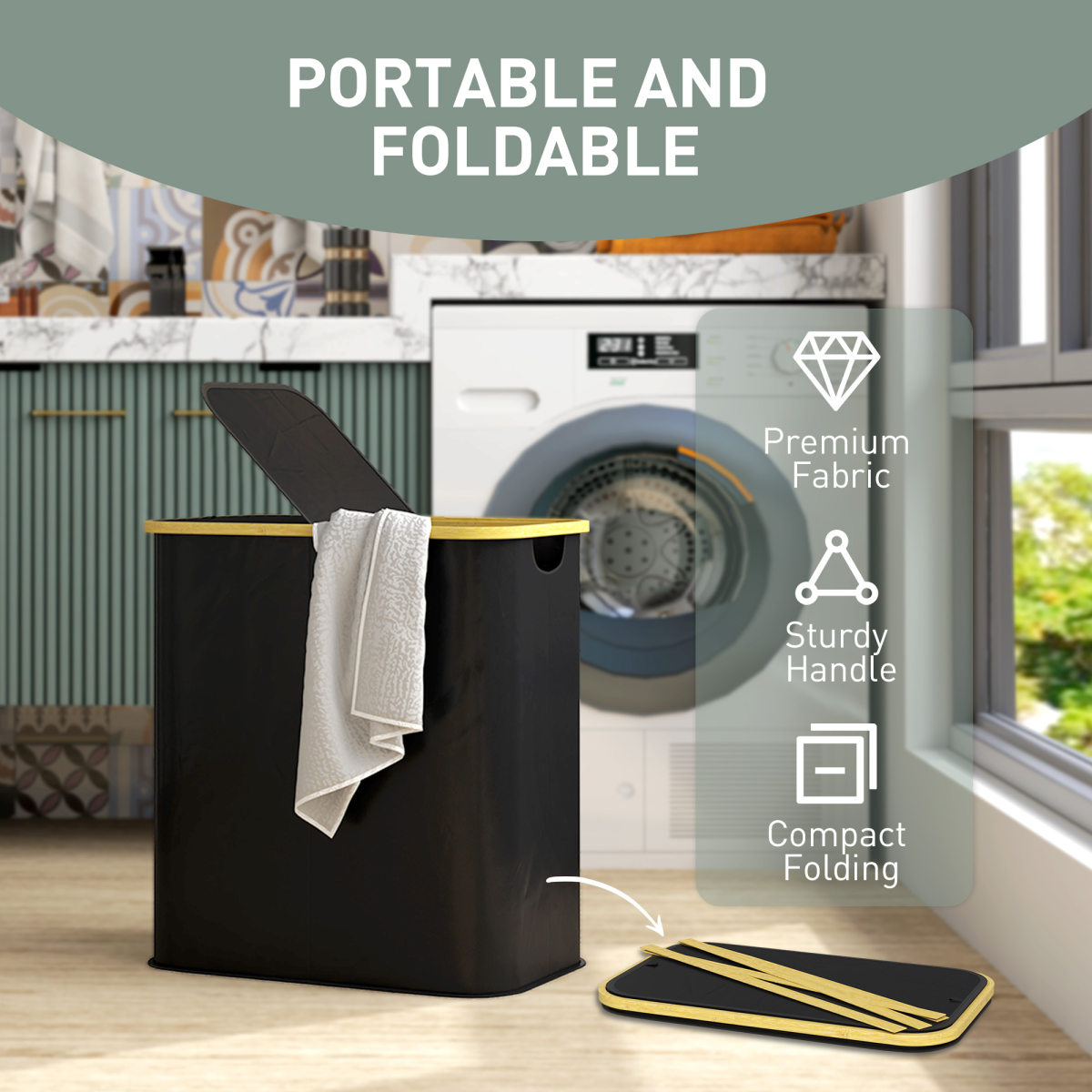HOMCOM 80L Double Laundry Hamper, Foldable Bamboo, Black