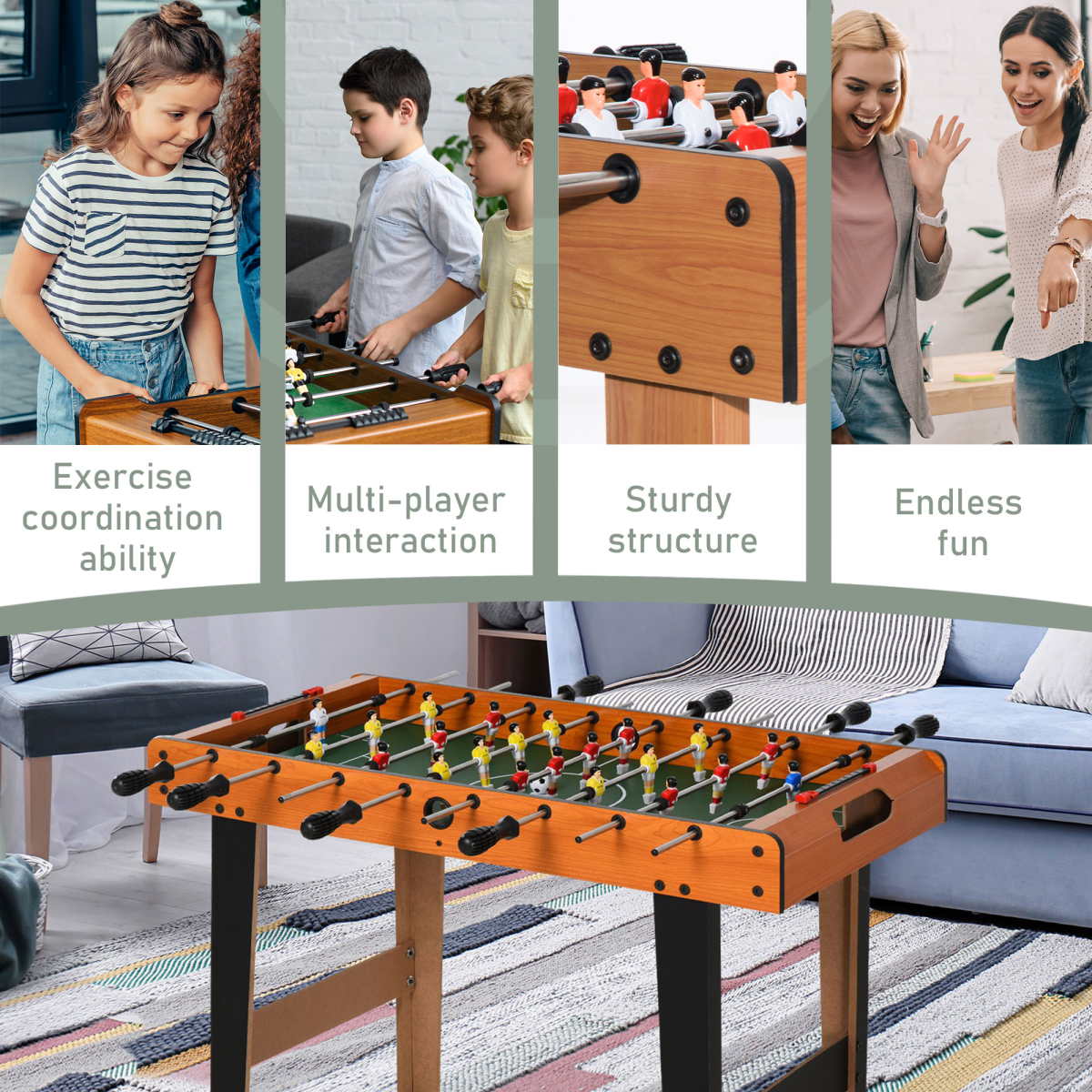Wooden 84.5cm Foosball Table, 4-Player Football Game, 2 Balls
