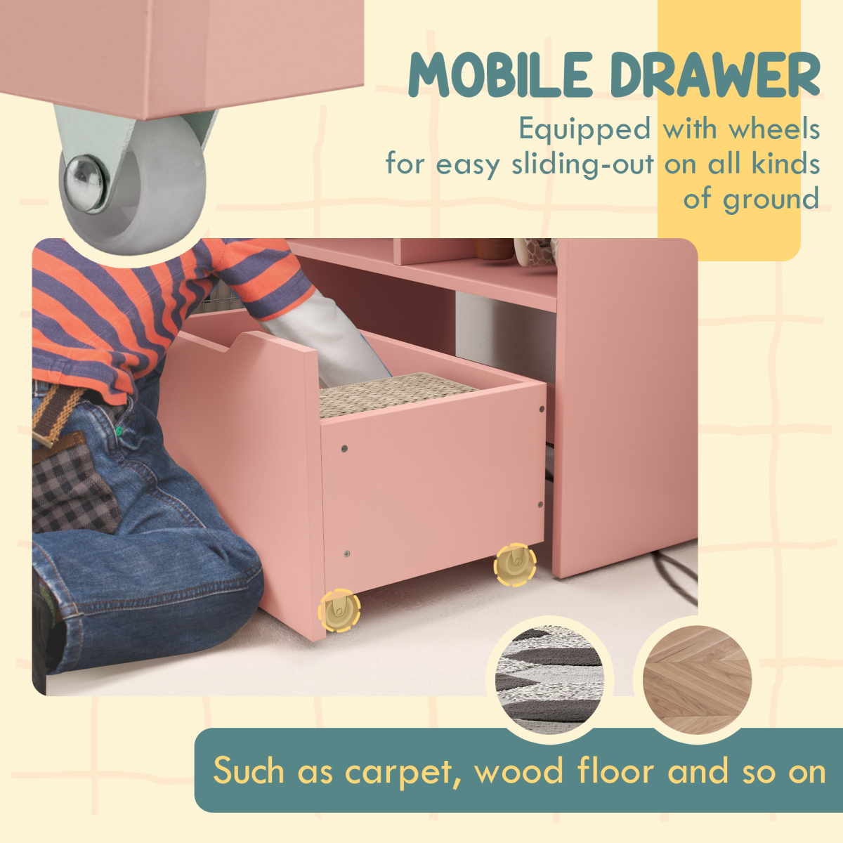 HOMCOM Kids Bookcase with Toy Storage, Drawer & Wheels, Pink