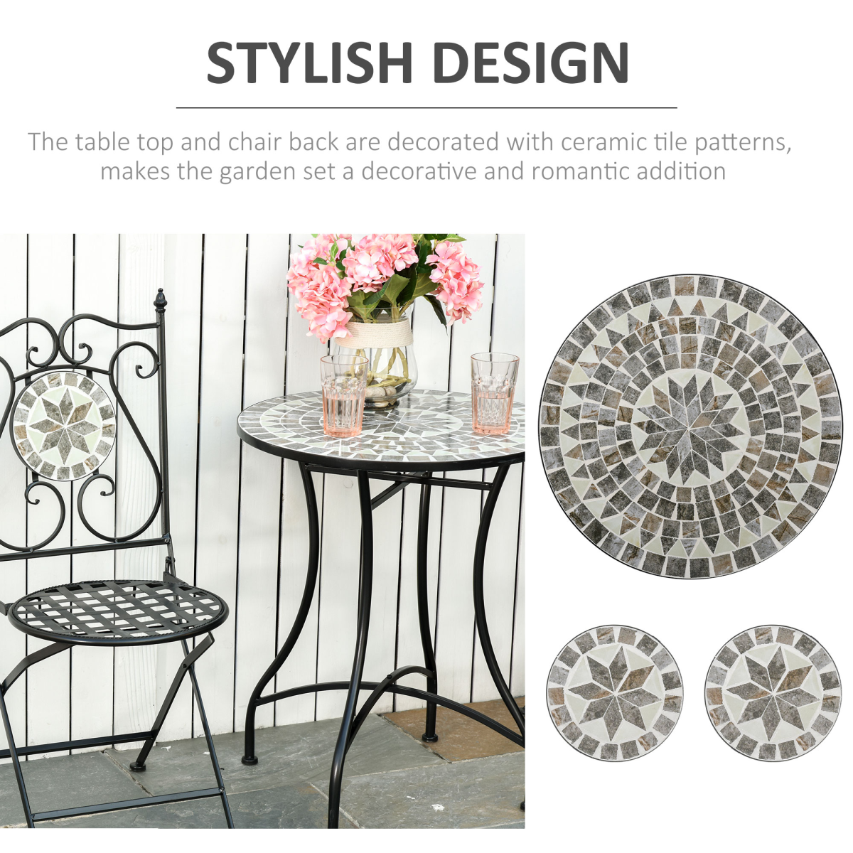 Outsunny 3-Piece Mosaic Tile Garden Bistro Set with Folding Chairs