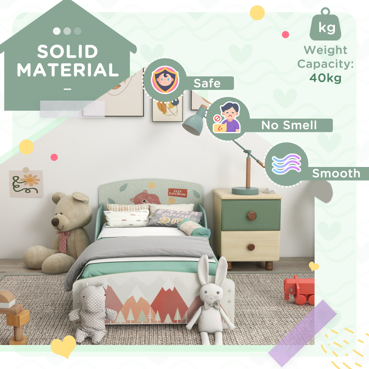 ZONEKIZ Green Toddler Bed Frame with Safety Side Panels, Ages 3-6