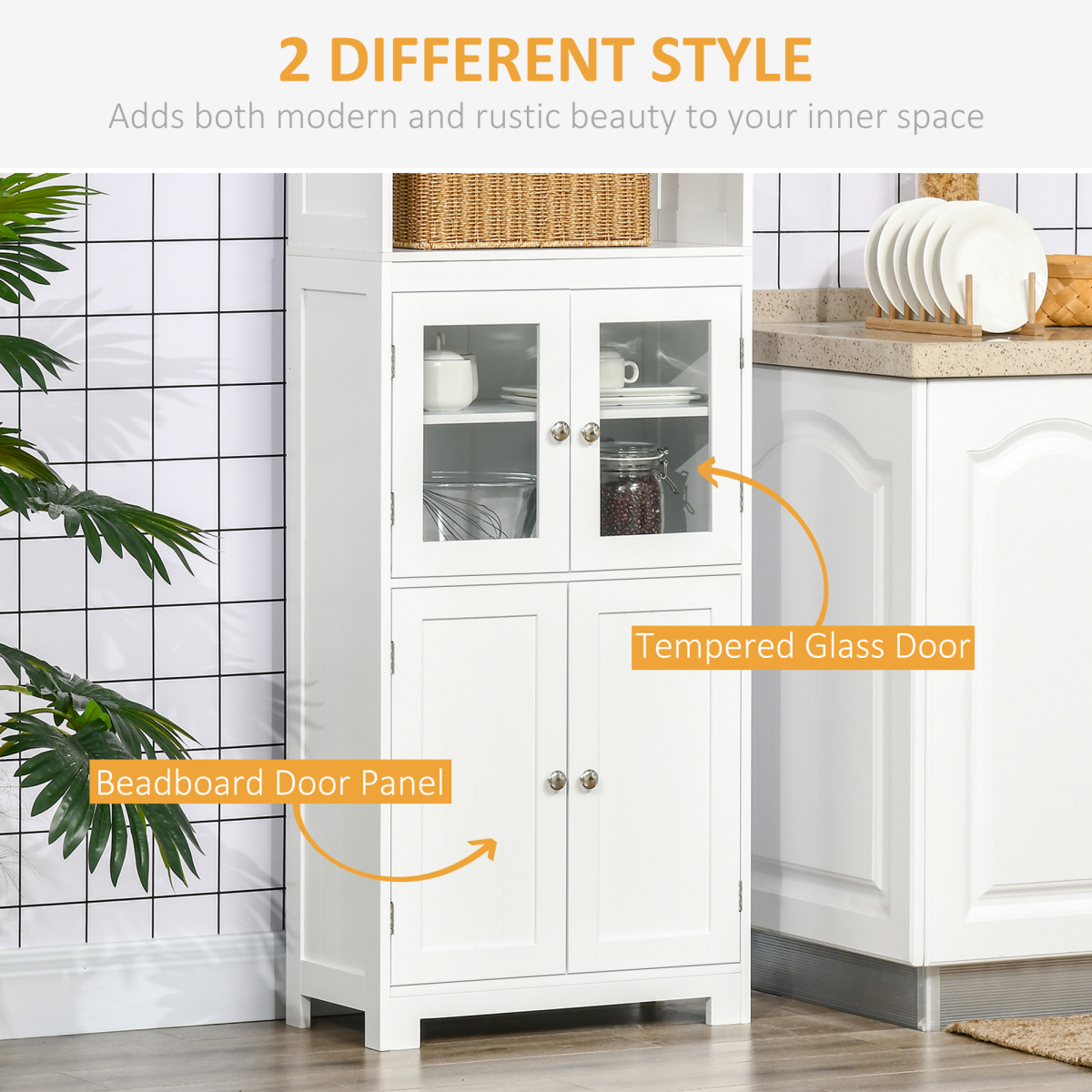 HOMCOM White Kitchen Cupboard with Adjustable Shelves and Glass Doors