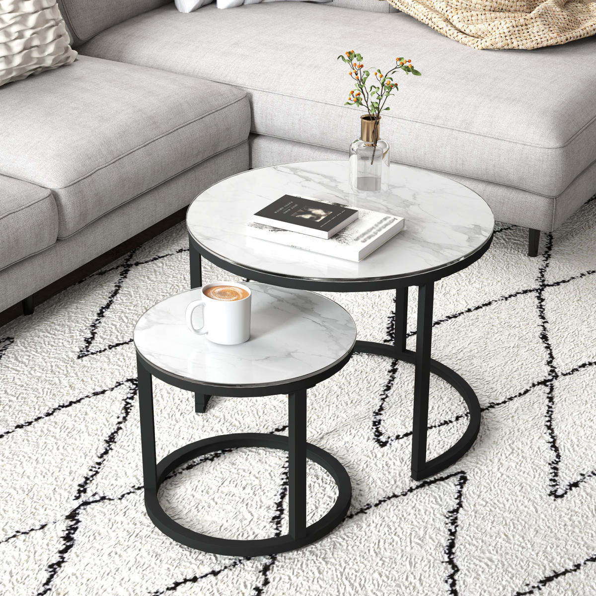 HOMCOM Round Glass Nesting Coffee Table Set of 2, Marble-Effect