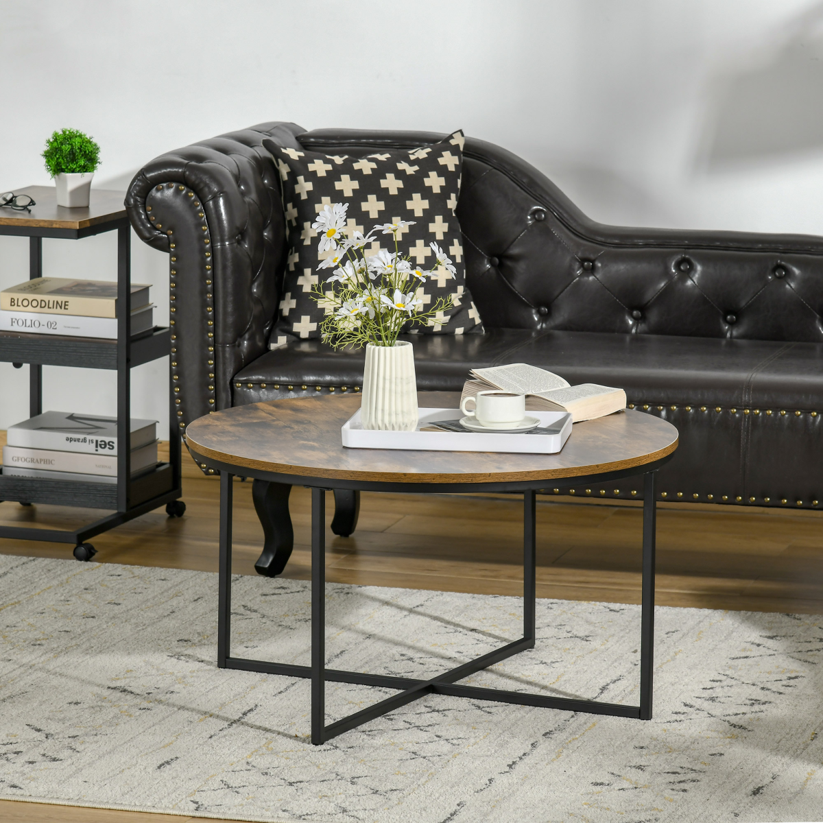 HOMCOM Industrial Round Side Table with Large Tabletop, Metal Frame and X-Shaped Base, Rustic Brown