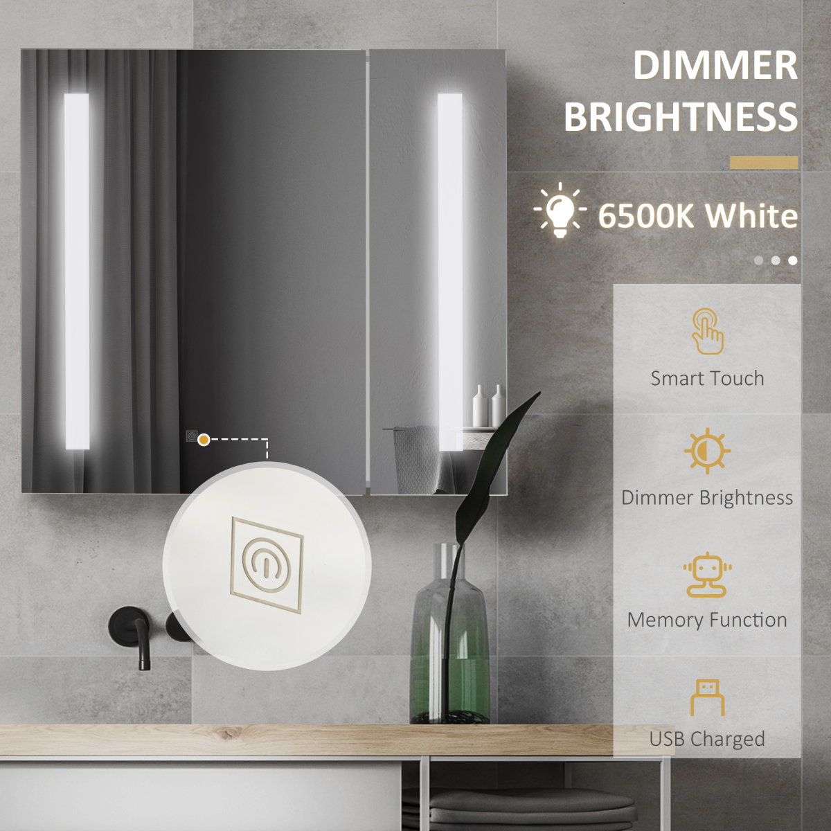 kleankin LED Illuminated Bathroom Mirror Cabinet with Touch Sensor, USB Powered, Double Mirrored Doors, Adjustable Shelf, Wall Mounted Storage Cabinet, 70 x 15 x 65 cm