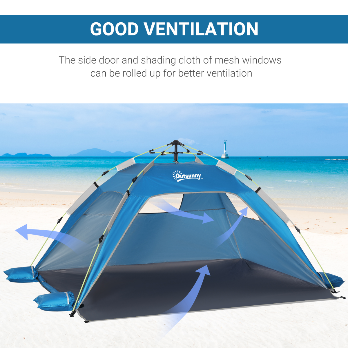 2-Person Pop-Up Beach Tent with Windows and Door, Blue