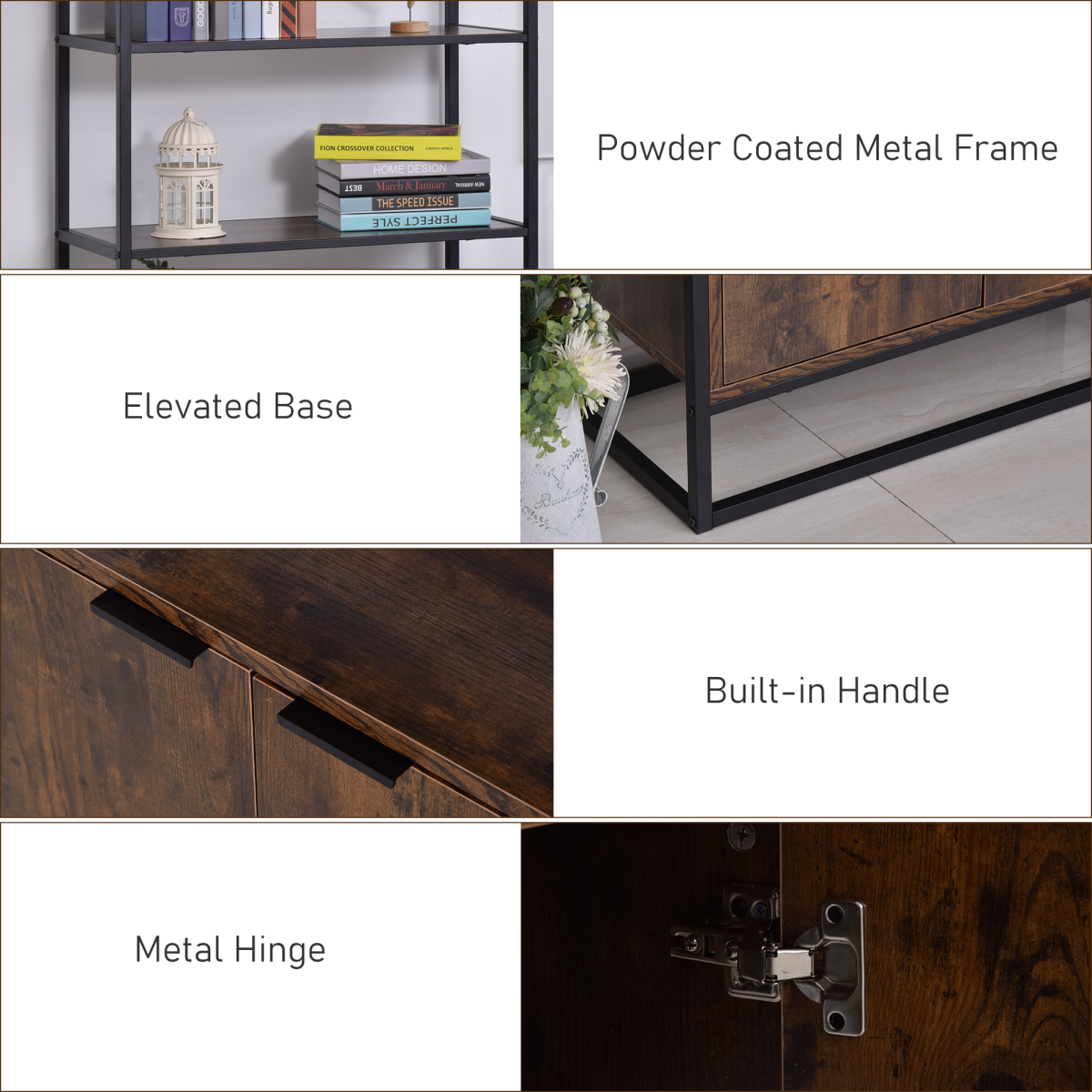 Industrial Style Storage Cabinet with 3 Open Shelves and Bottom Cabinet for Living Room Bedroom