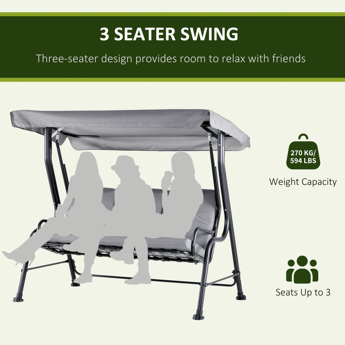 Outsunny 3 Seater Grey Garden Swing Chair with Padded Seat, Adjustable Canopy and Steel Frame