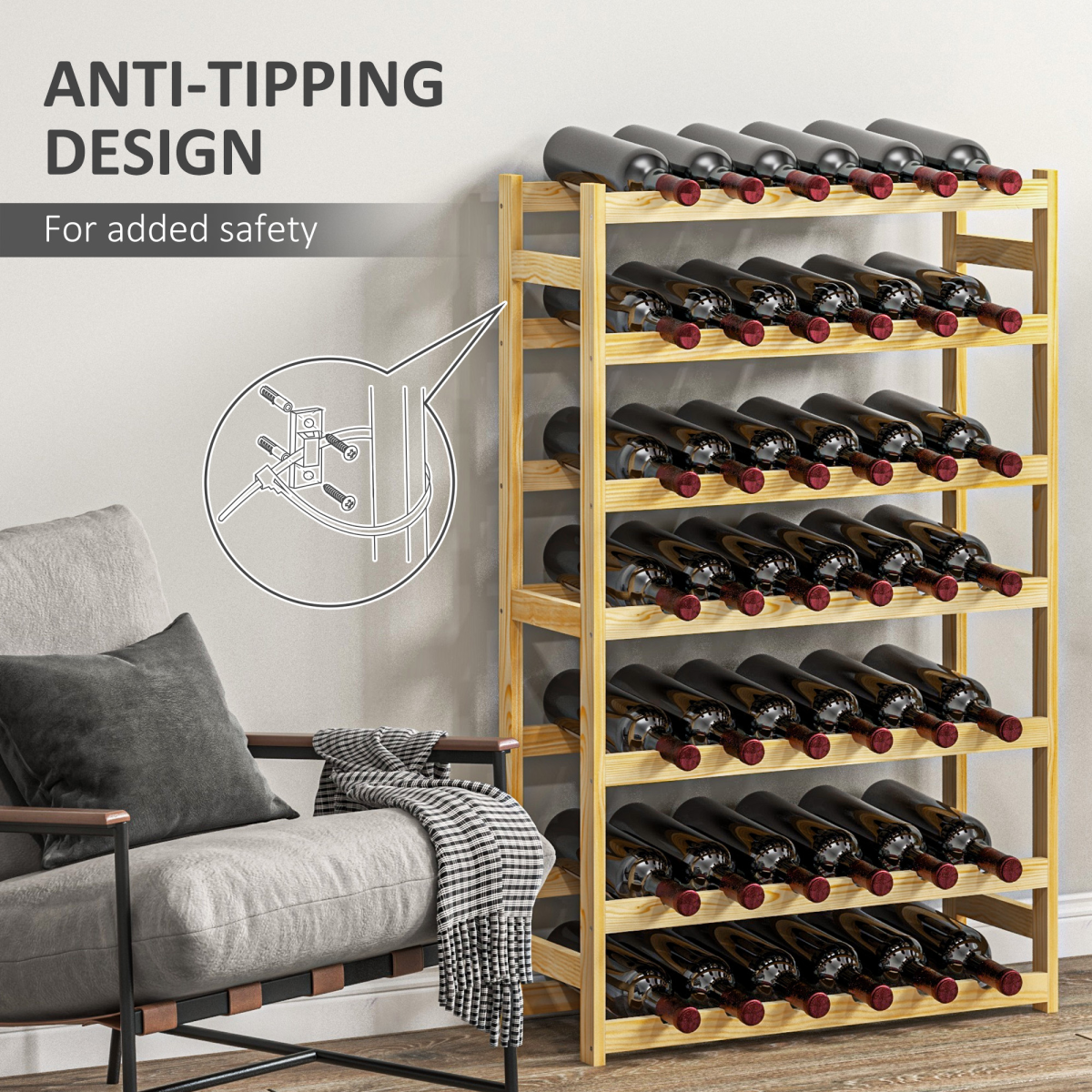 HOMCOM 42-Bottle Freestanding Pine Wood Wine Rack, Natural
