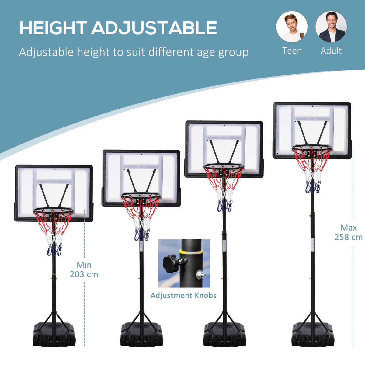 HOMCOM Adjustable Basketball Hoop and Stand 155-210cm with Fillable Base and Wheels