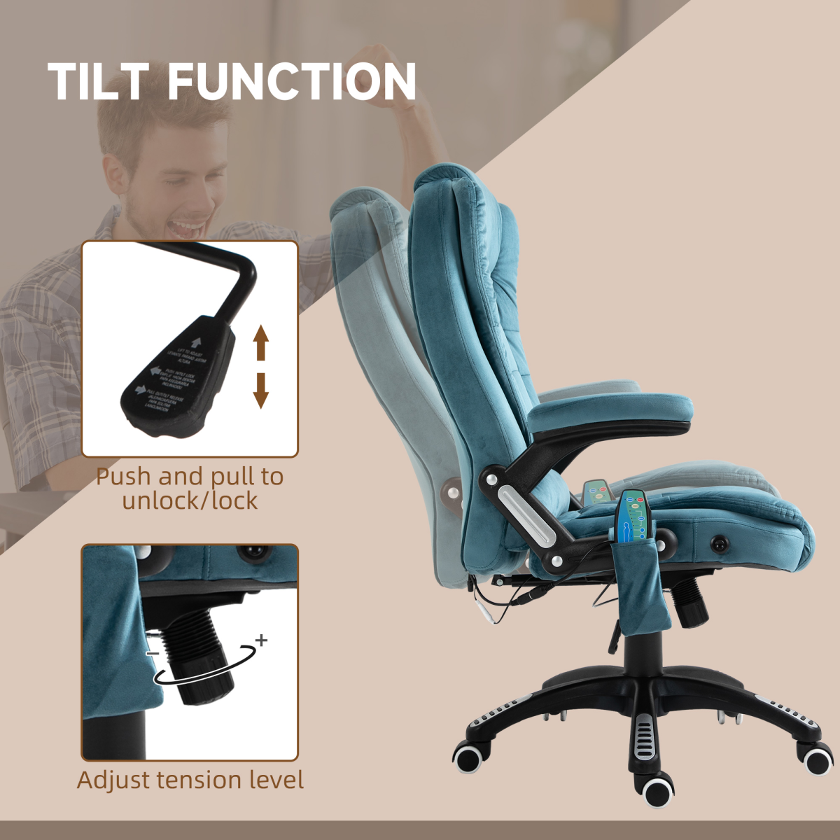 Blue Executive Reclining Office Chair with Heat Massage Headrest