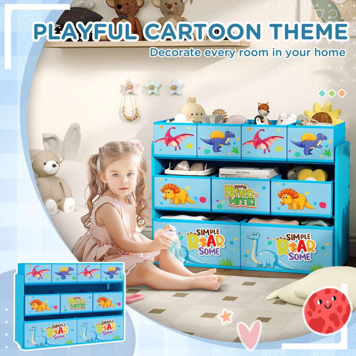 AIYAPLAY 3-Tier Dinosaur Toy Organiser Shelf with 9 Storage Boxes, Blue