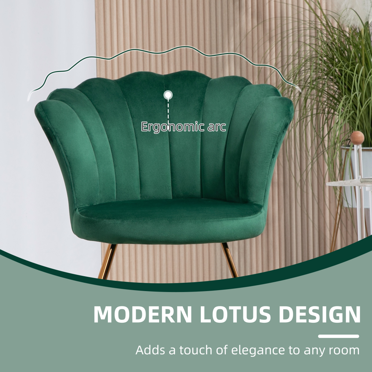 HOMCOM Velvet Accent Armchair with Lotus Backrest, Steel Legs, Green