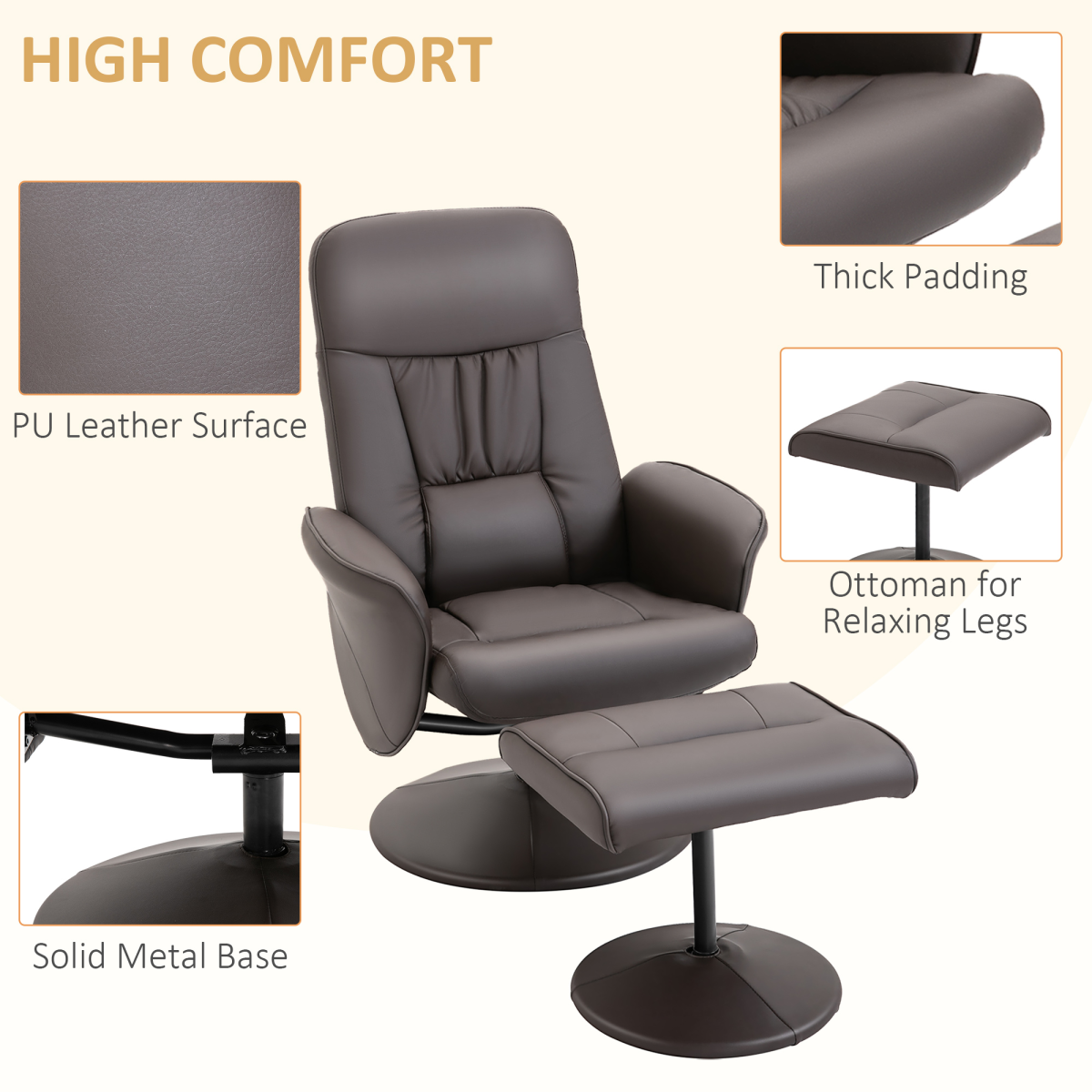 Brown PU Leather Reclining Armchair and Ottoman Set